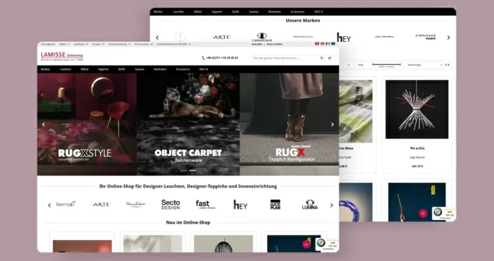 Teaser der Referenz Lamisse. Die Screenshots zeigen die Startseite mit einem Slider und eine Kategorieseite des Onlineshops.
