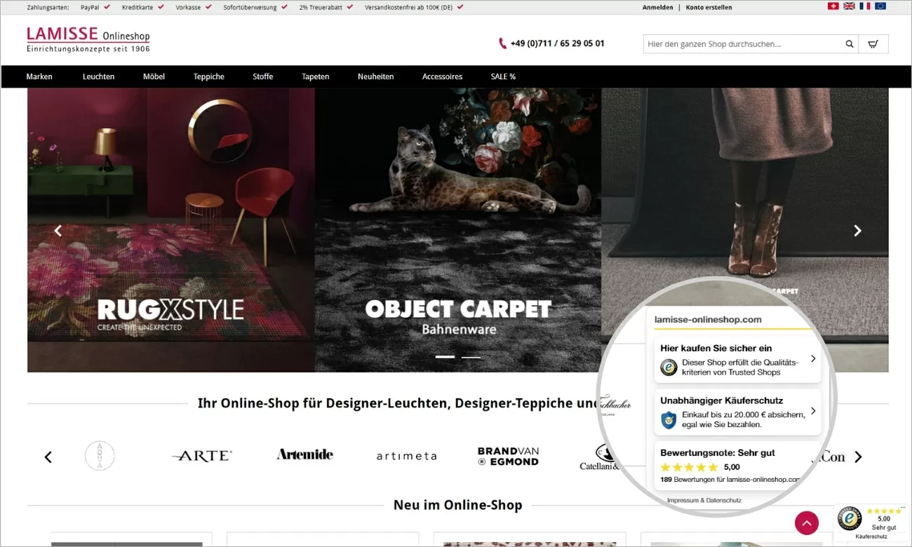 Lamisse Trusted Shops Highlight der Lamisse Startseite mit Trusted Shops Badge