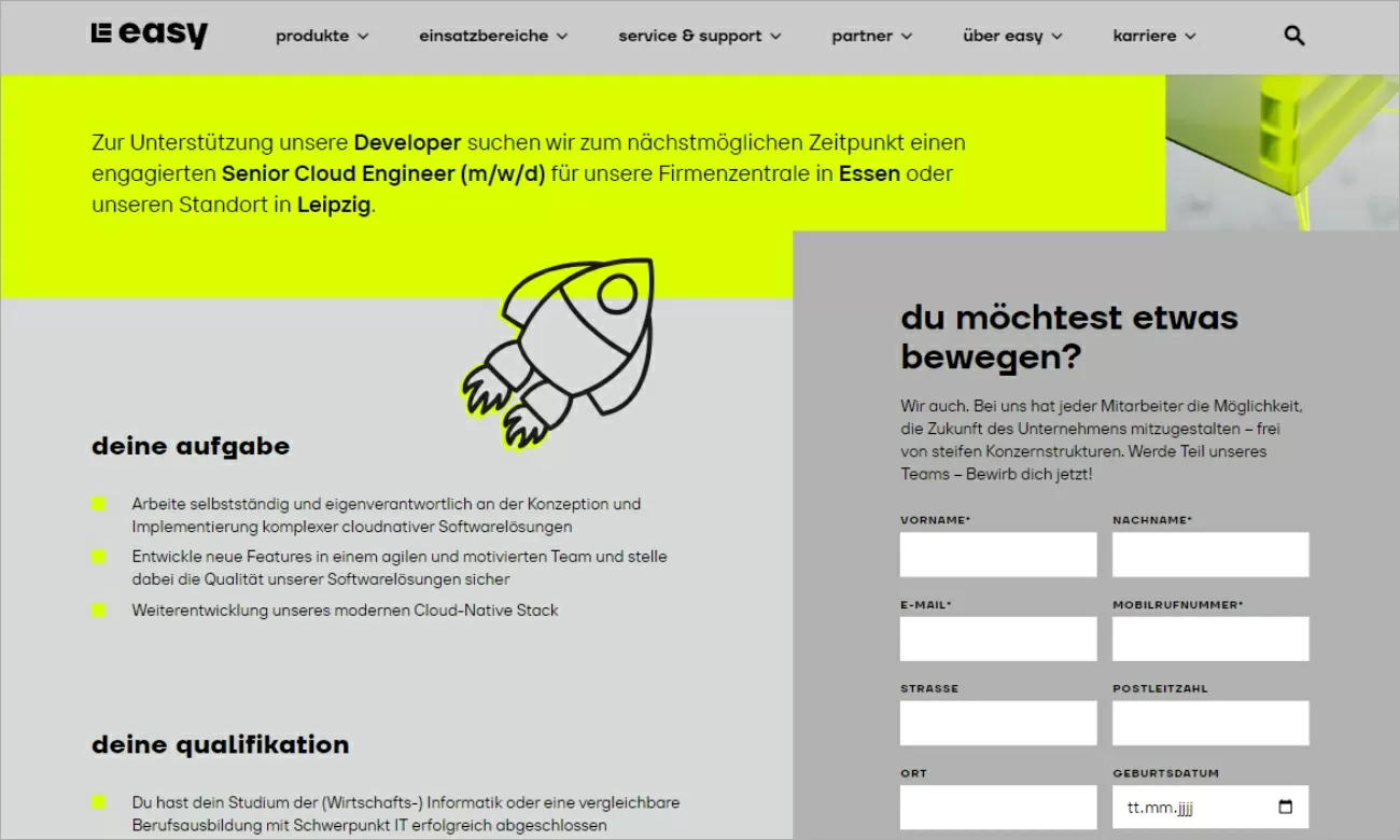 Easy-Software Schnittstelle HR-Software Bewerbungsportal mit direktem Bewerbungsformular für eine erleichterte Bewerbung bei Easy-Software