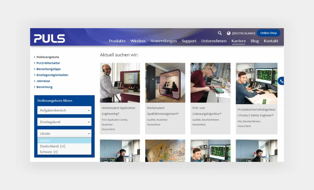 Puls Power Stellenanzeigen Eine Darstellung des Karriereportals von Puls Power