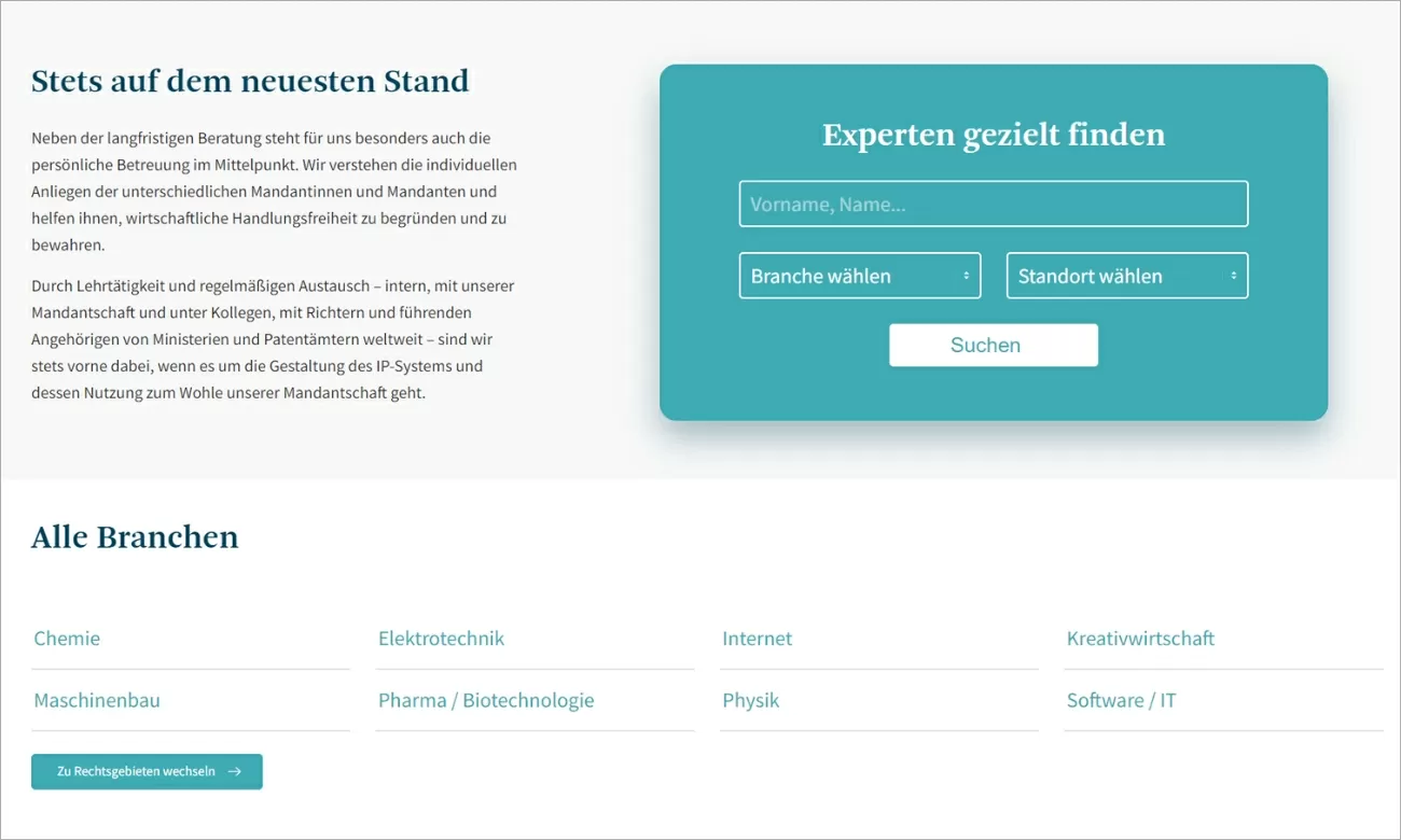 Boehmert Experten und Branchen Highlight von Boehmert & Boehmert mit der Experten-Suche und allen Branchen