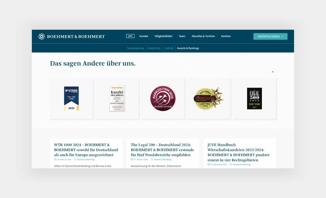 Boehmert Awards und Ranking Ausschnitt von der Awards und Ranking Seite von Boehmert & Boehmert