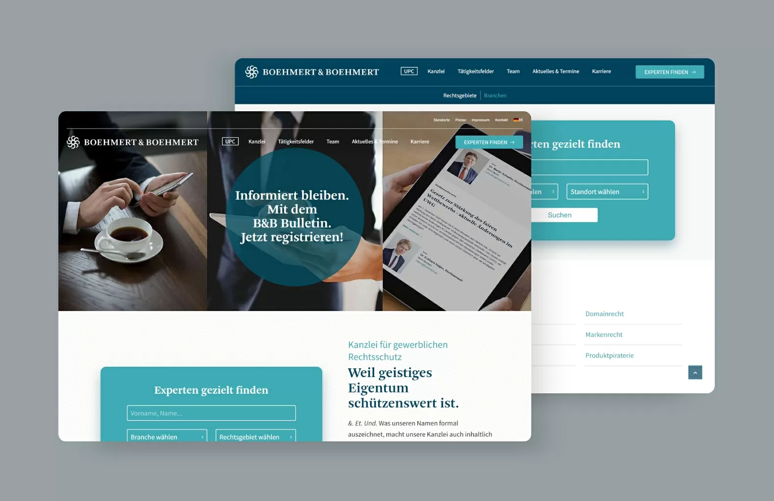 Screenshots von der Startseite und den Rechtsgebieten von der Webseite Boehmert & Boehmert