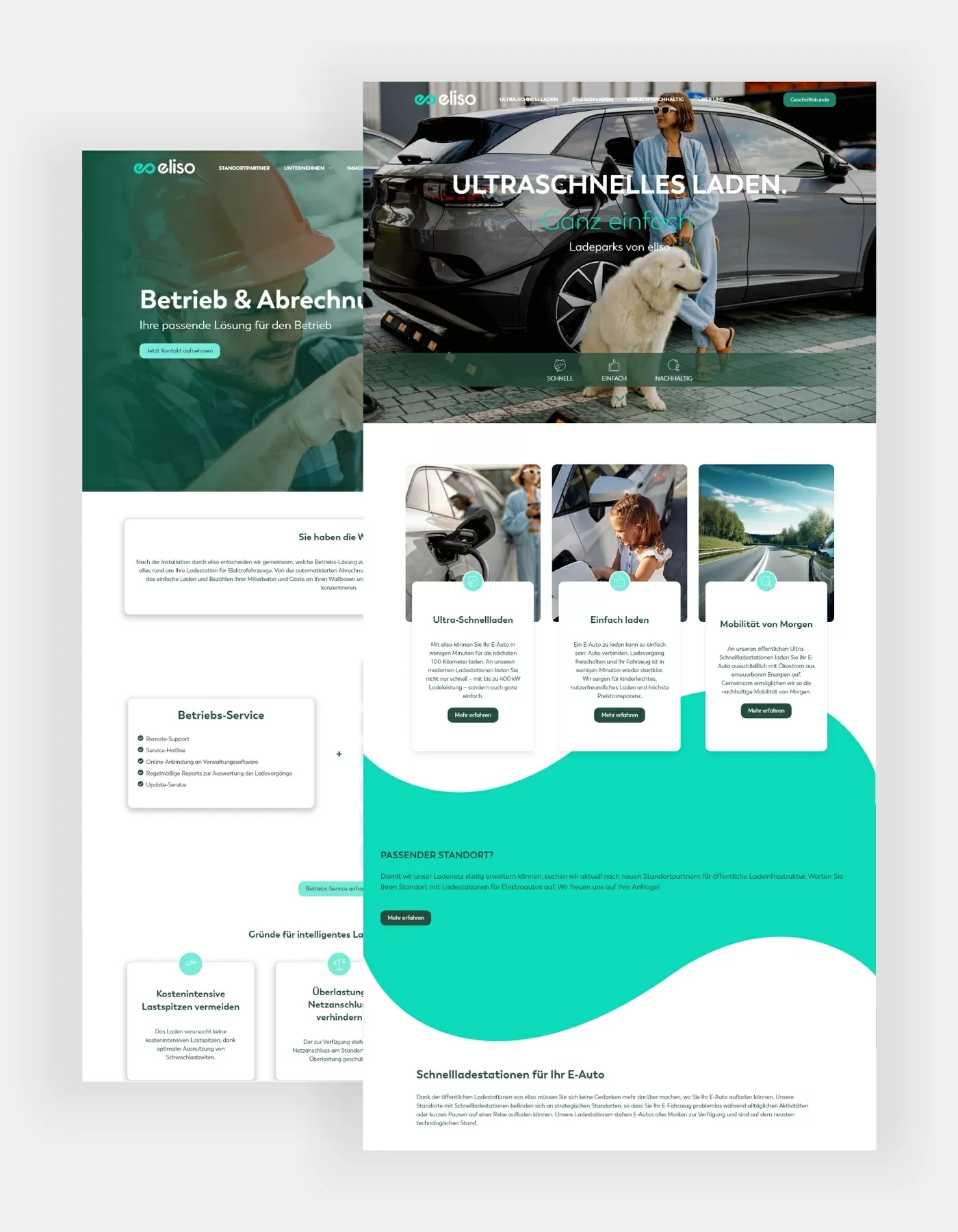 eliso - Startseite, Geschäftskunden und Betriebladestationen Ein Mockup mit der Startseite, Geschäftskunden und Betriebladestationen von eliso