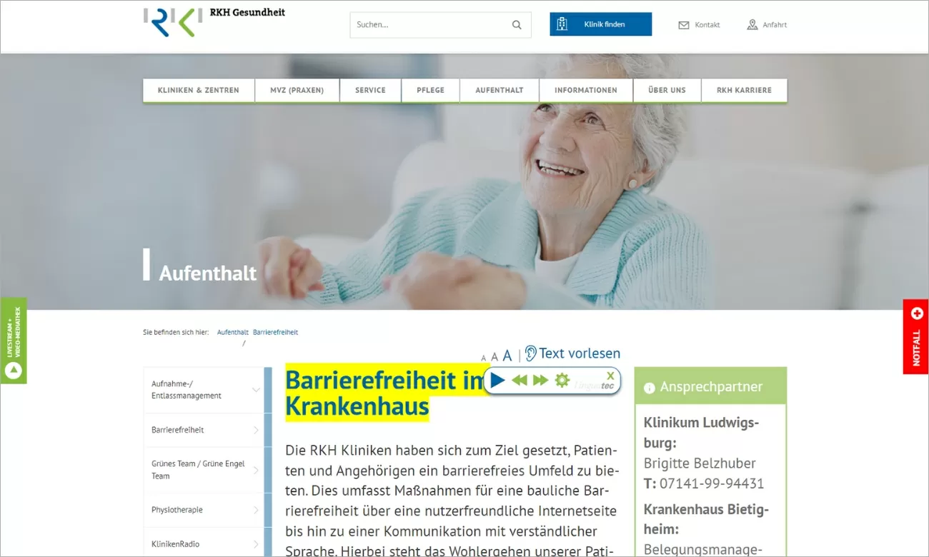 Barrierefreie Nutzung für alle Webseitenbesucher Die RKH Gesundheit Webseite mit vergrößerten Texten + Vorlesefunktion für die barrierefreie Nutzung der Webseite