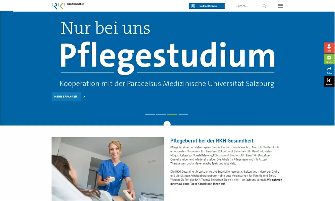 Digitales Karriereportal für RKH Gesundheit Das von ECONSOR erstellte digitales Karriereportal für mehr Attraktivität als Screenshot mit Werbung für das Pflegestudium nur bei der RKH Gesundheit im Intro und einem Text zu dem Pflegeberuf bei der RKH Gesundheit mit der Möglichkeit sich über einen Button "Jetzt bewerben" zu bewerben