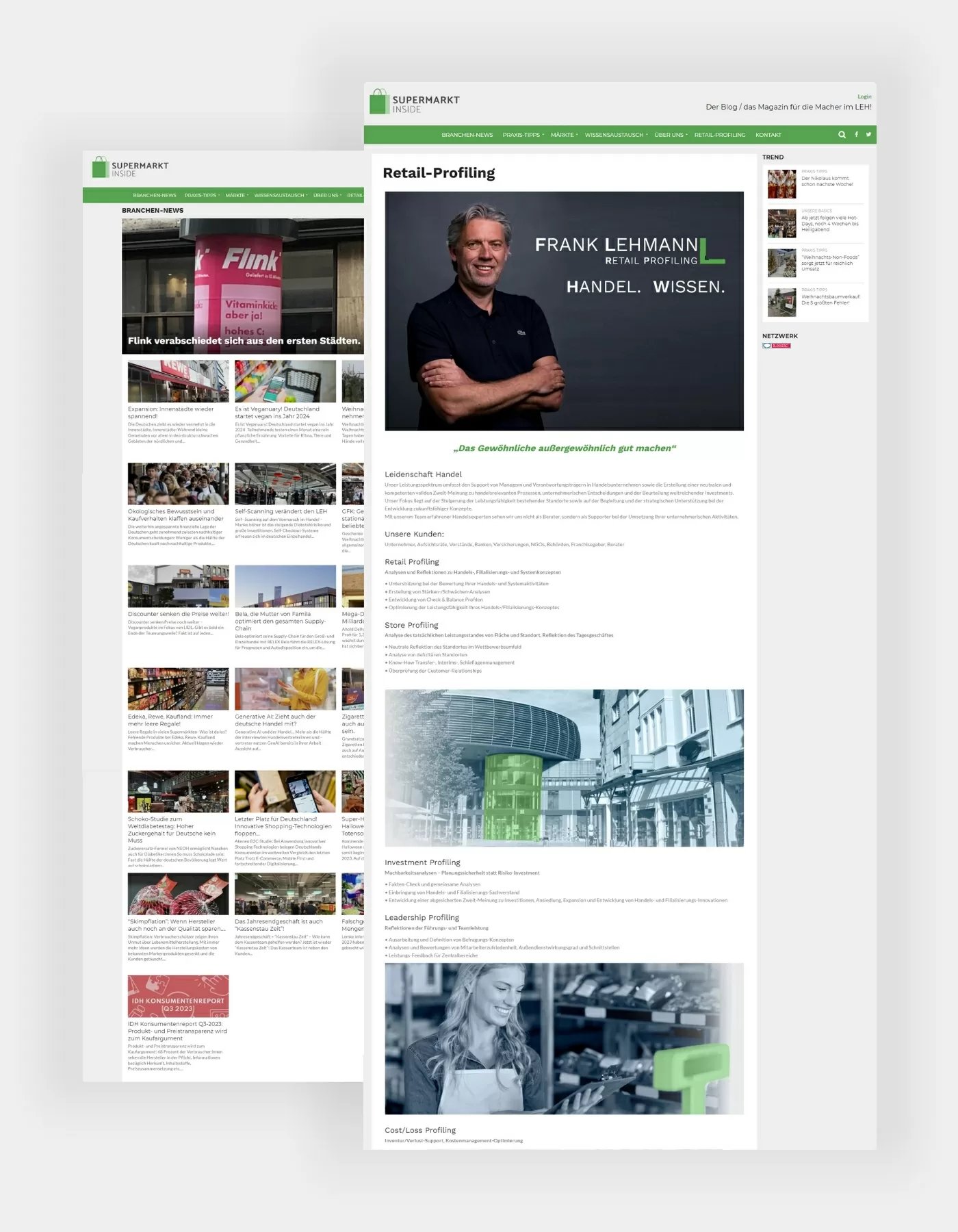 Supermarkt Inside Retail-Profiling Branchen News Hochkante Referenz von Supermarkt Inside. Auf dem vorderen Screenshot ist ein Artikel zu Retail-Profiling zu sehen. Auf dem hinteren Screenshot ist eine Übersicht zu unterschiedlichen Artikeln abgebildet