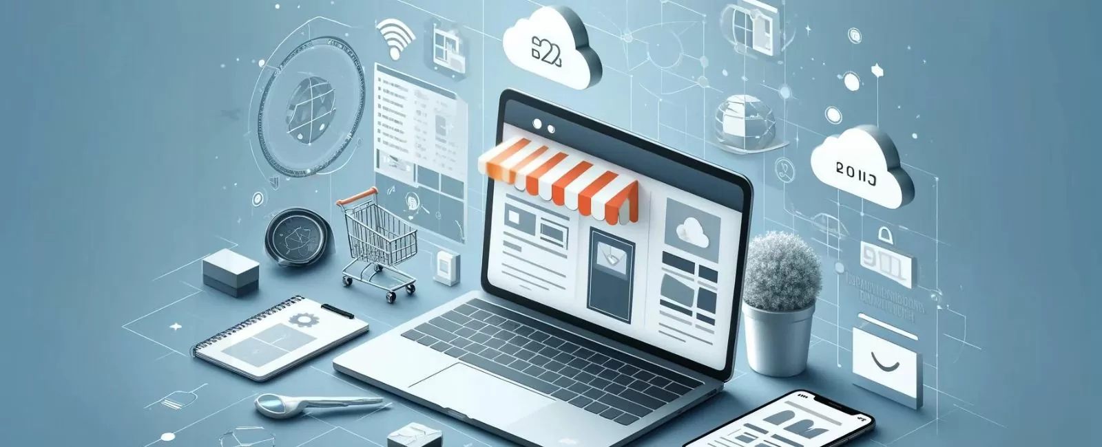 Laptop mit verschiedenen Icons und Objekten drum herum