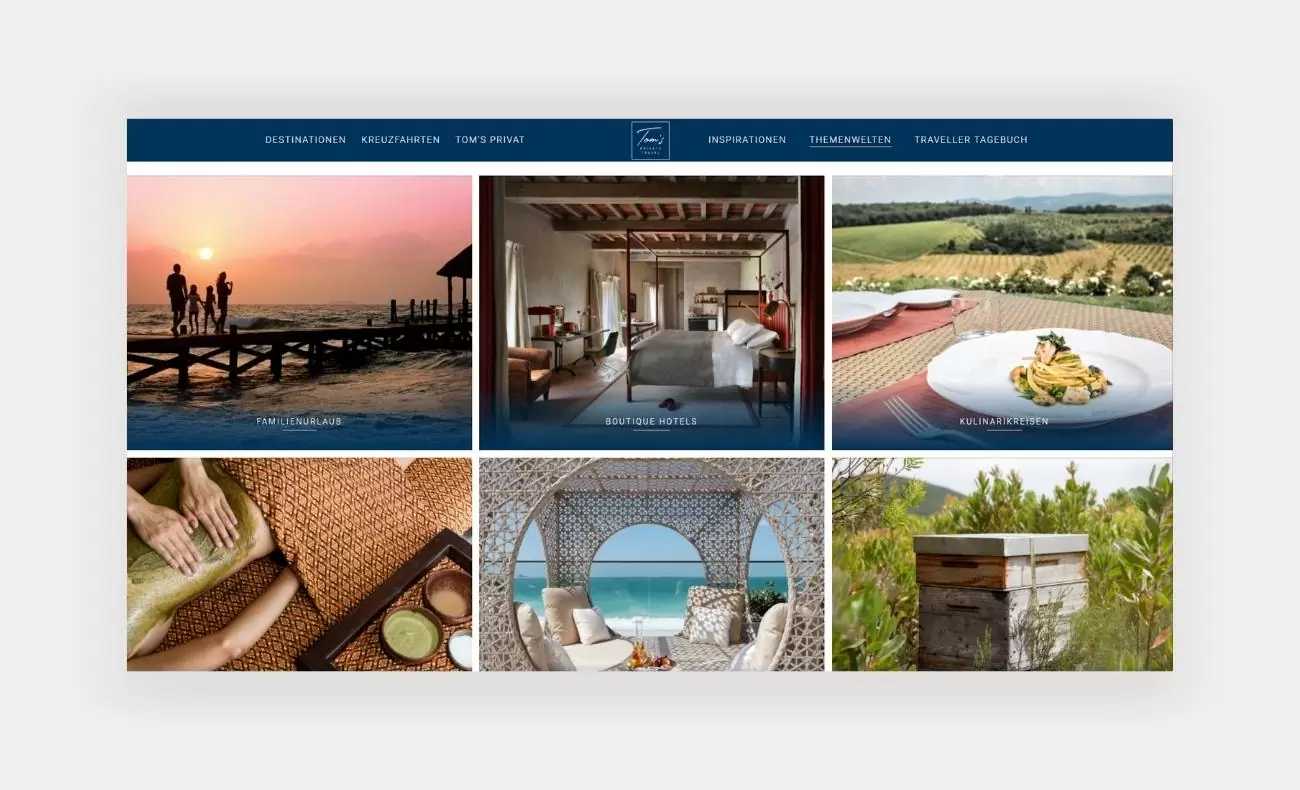 TPS Themenwelten Querreferenz von der Themenwelten-Seite mit unterschiedlichen Kategorien auf TPS Reisen