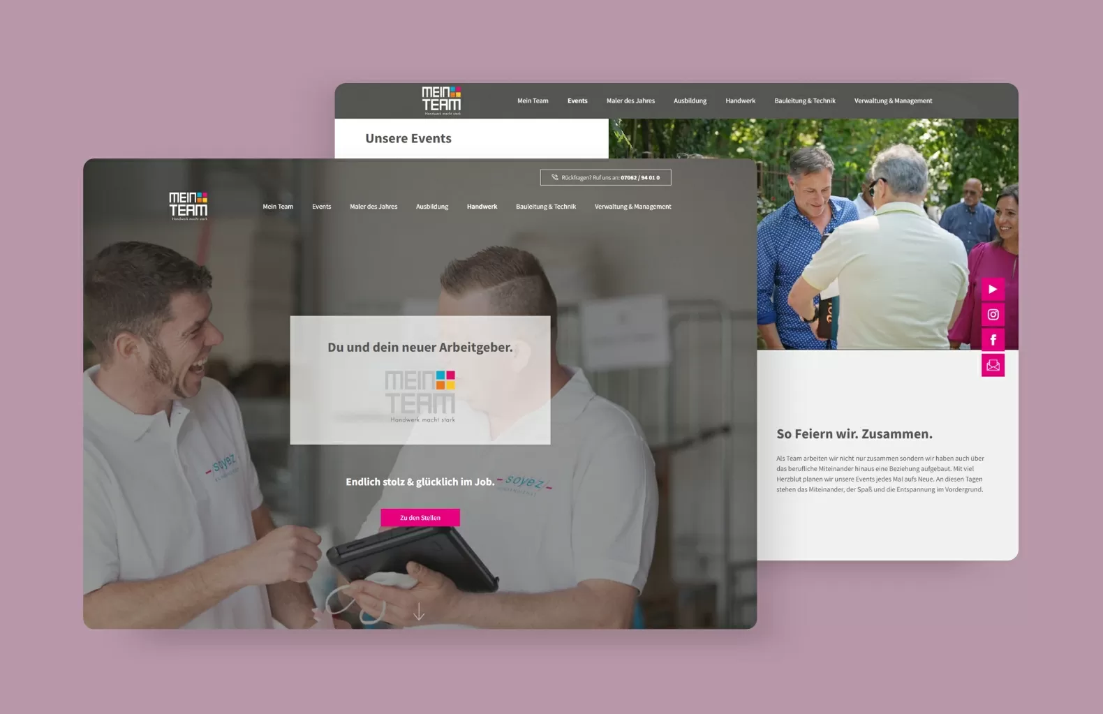 Teaser-Referenz der Webseite Mein Team mit der Startseite und einer Übersicht der Events, die das Unternehmen bei sich anbietet.