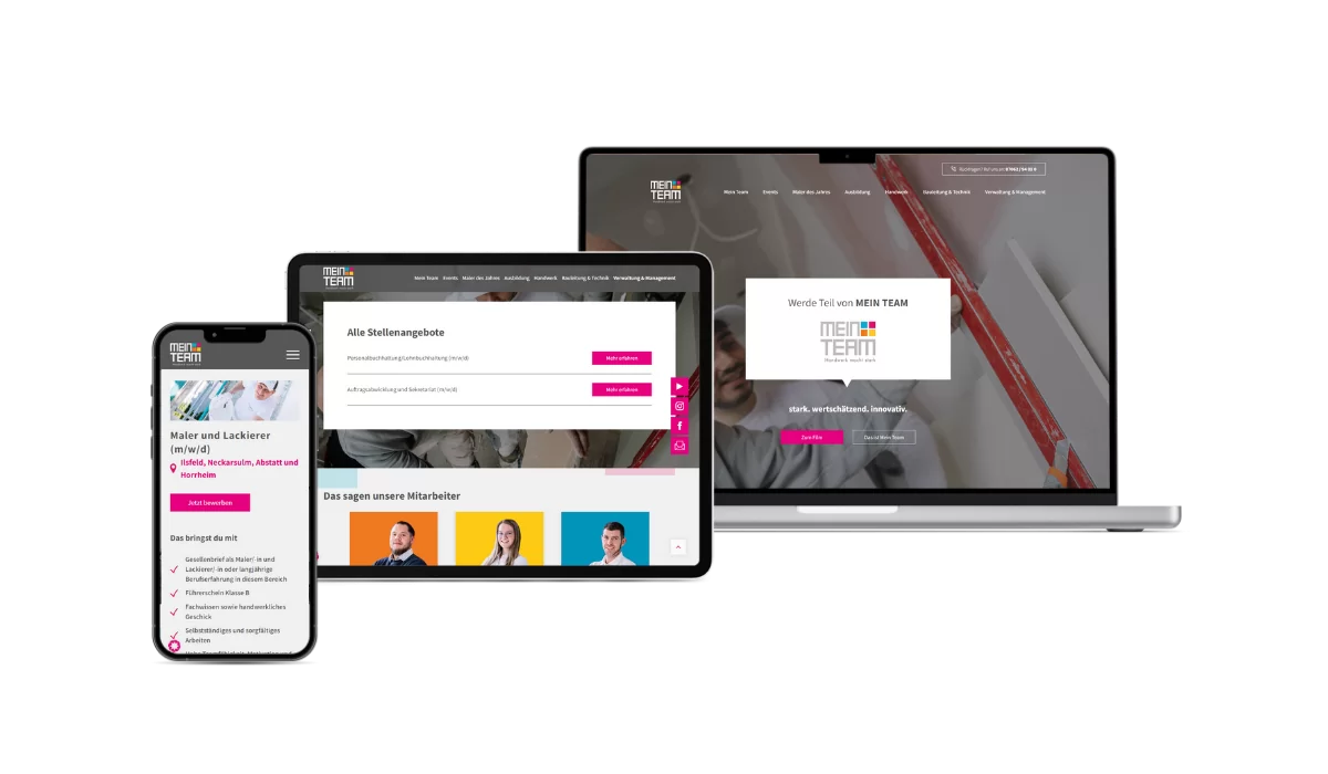 Mein Team Startseite und Übersicht der Stellenanzeigen Darstellung auf unterschiedlichen Geräten der Webseite Mein Team.