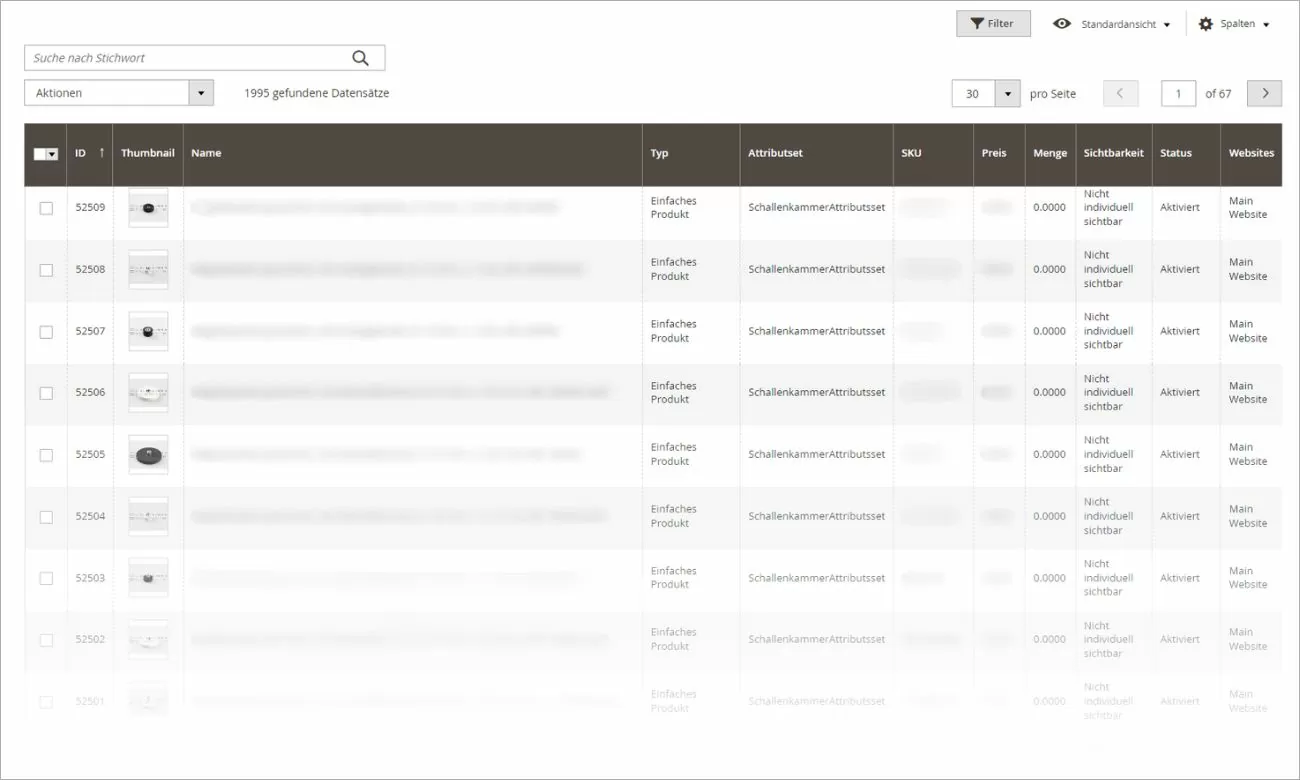 Schallenkammer Backend Produkte Produktübersicht aus dem Backend in Magento 2 von Schallenkammer