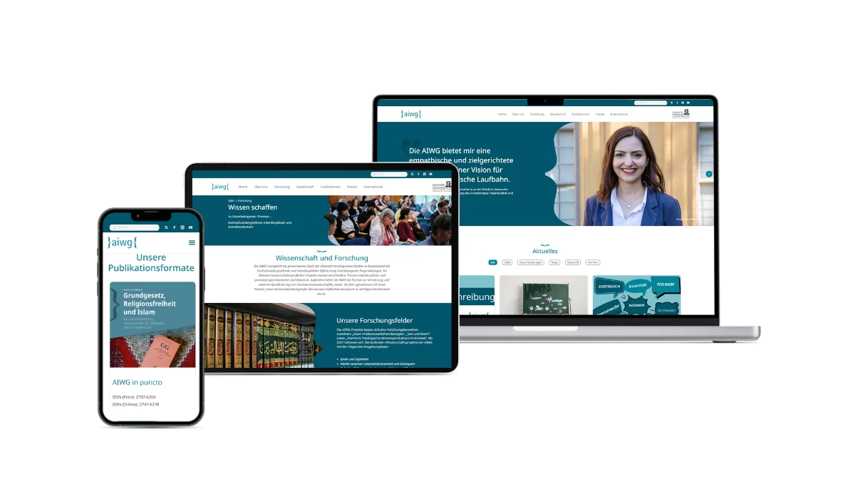 AIWG Startseite, Publikationen und Forschung Unterschiedliche responsive Darstellung der gerelaunchten WordPress-Seite von AIWG auf den Geräten iPhone, iPad & Macbook