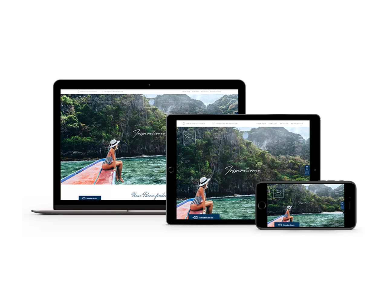 Das responsive Design einer Webseite wird auf einem Laptop, IPad und Handy dargestellt.